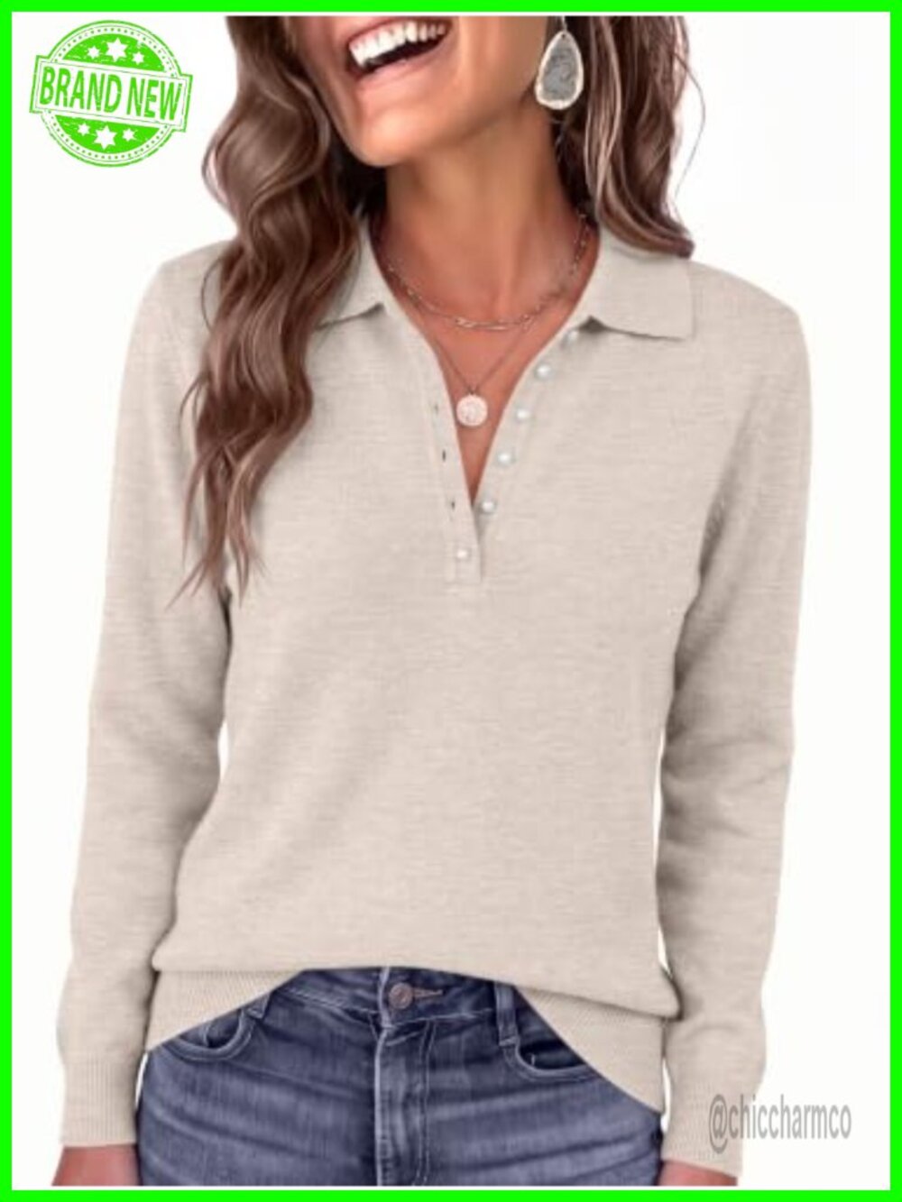Women's Long Sleeve Polo Sweater Pearl Button Knit Pullover